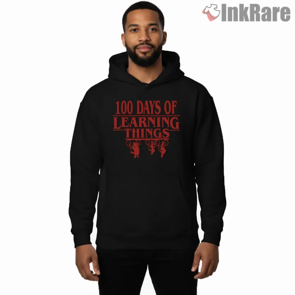 100 Days Of Learning Strange Things School Shirt on black hoodie for men graphic tee