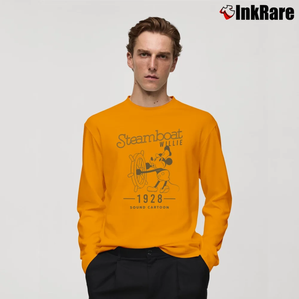Men’s 1928 Disney Steamboat Willie Mickey Mouse Cartoon Long-Sleeve Shirt in orange | Sleek, Lightweight, Year-Round Wear