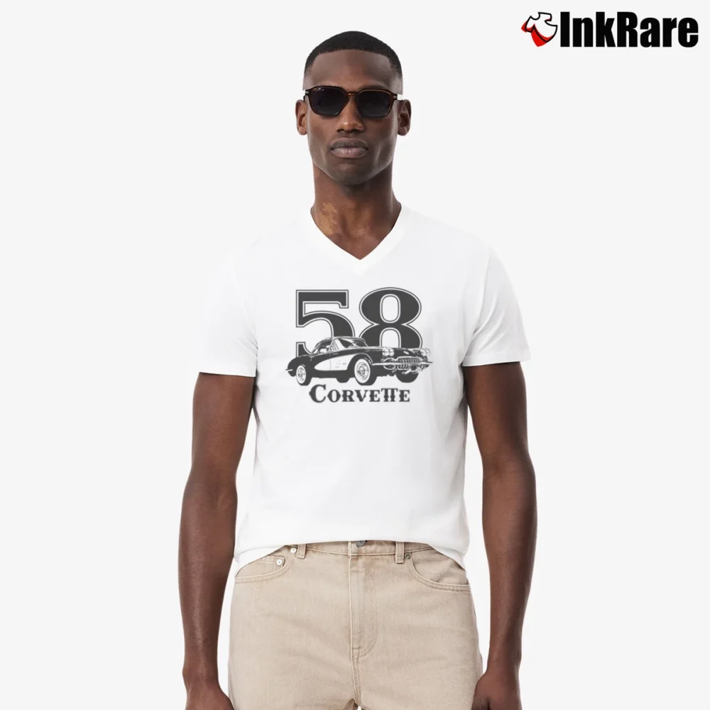Men’s 1958 Corvette Year Model Light V-Neck Tee in white | Sharp, Breathable, Everyday Staple
