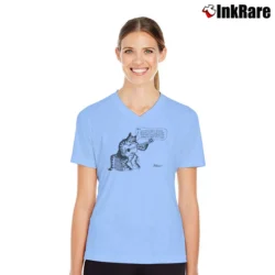 Women’s 1970s B Kliban Guitar Cat Cartoon V-Neck Tee in light blue | Chic Neckline, Soft Texture