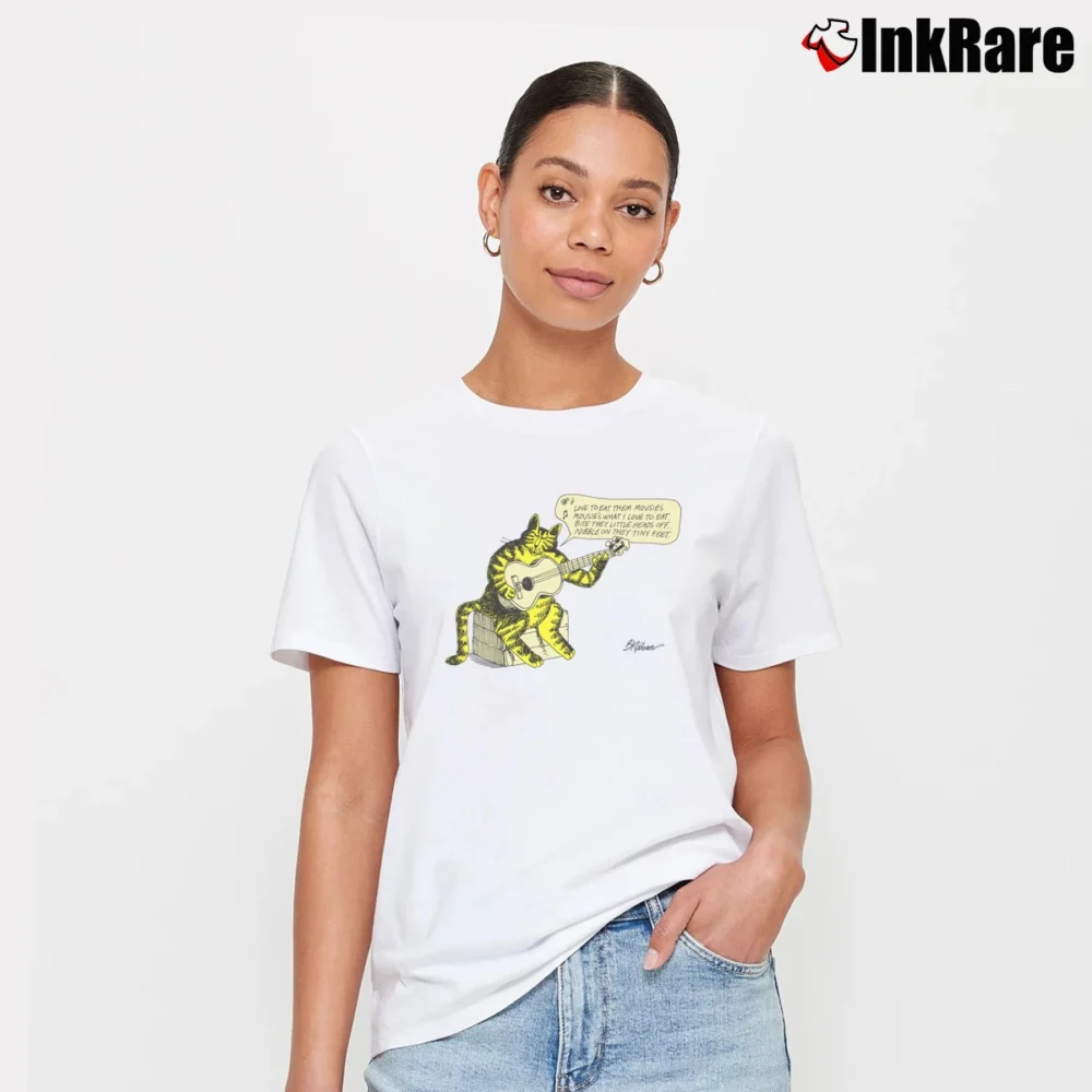 Women’s 1970s B Kliban Guitar Cat Signature T-Shirt in white | Soft, Flattering Fit