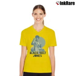 Women’s 1970s Black Belt Jones Enter The Dragon Movie V-Neck Tee in yellow | Chic Neckline, Soft Texture