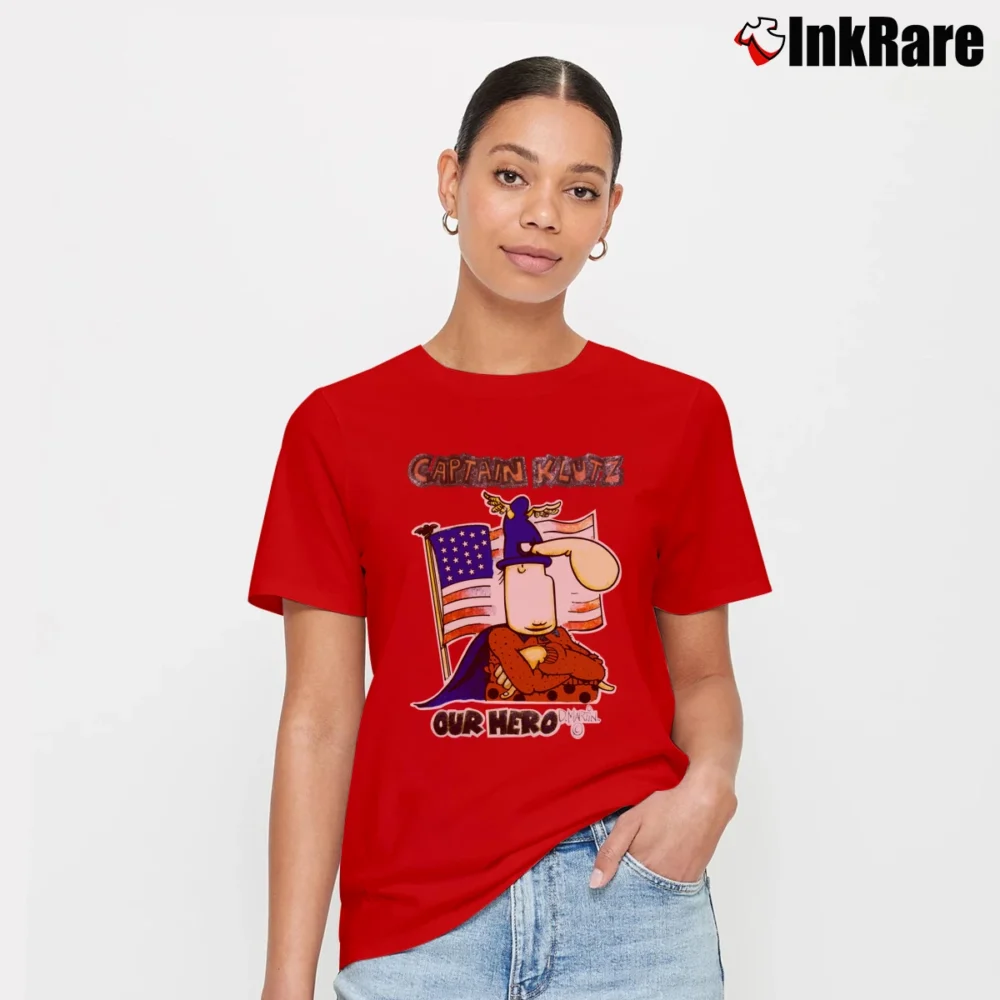 Women’s 1970s Mad Magazine Captain Klutz Comic By Don Martin Signature T-Shirt in red | Soft, Flattering Fit