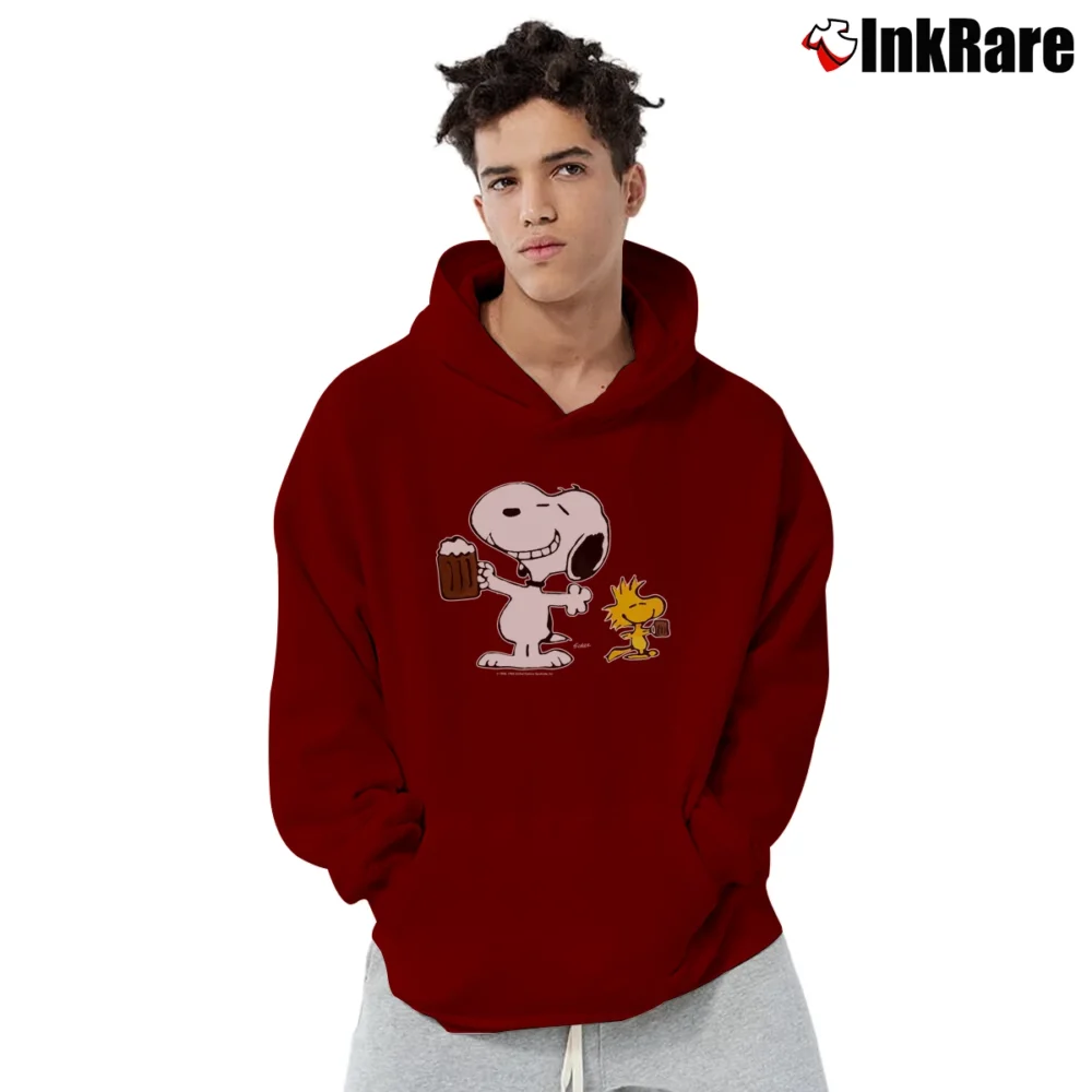 Men’s 1970s Snoopy Woodstock Peanuts Root Beer Pullover Hoodie in maroon | Cozy, Durable, Modern Fit