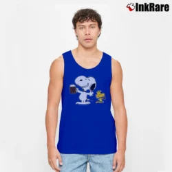 Men’s 1970s Snoopy Woodstock Peanuts Root Beer Tank Top in royal blue | Breathable, Active-Friendly Design