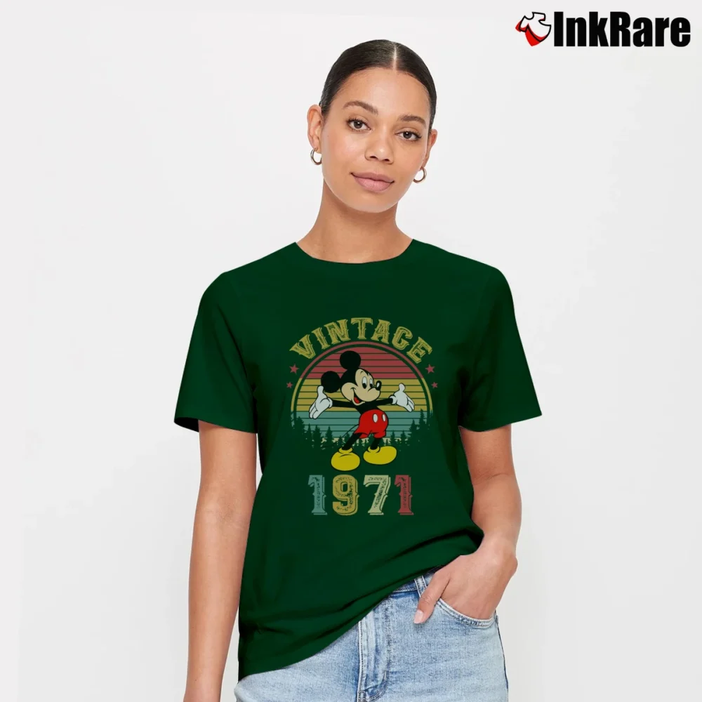 Women’s 1971 Disney Anniversary Mickey Mouse Family Trip Signature T-Shirt in forest green | Soft, Flattering Fit