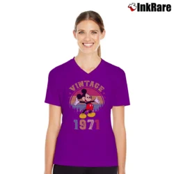 Women’s 1971 Disney Anniversary Mickey Mouse Family Trip V-Neck Tee in purple | Chic Neckline, Soft Texture