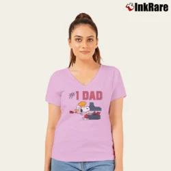 Women’s 1971 Snoopy Number One Dad Peanuts V-Neck Tee in light pink | Chic Neckline, Soft Texture