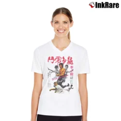 Women’s 1973 Enter The Dragon Bruce Lee Retro Movie V-Neck Tee in white | Chic Neckline, Soft Texture