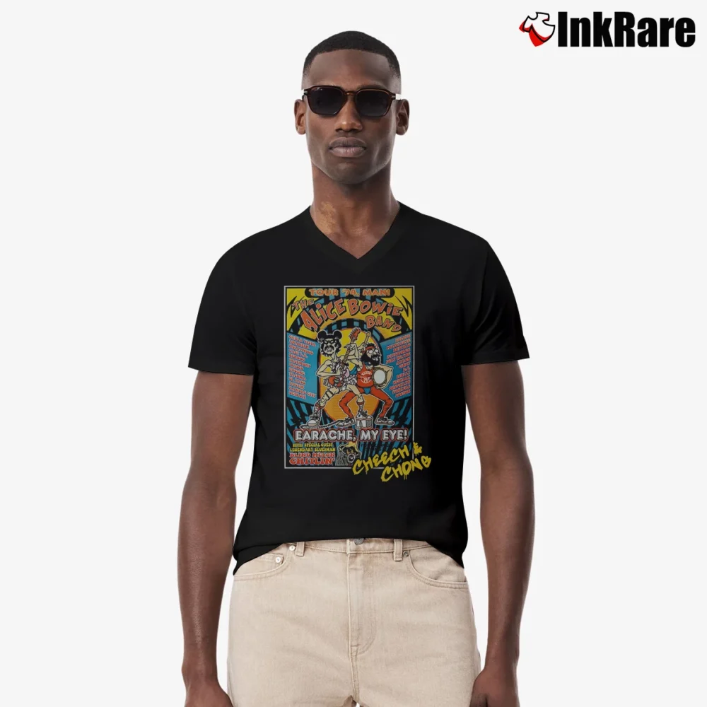 Men’s 1974 Cheech And Chong Alice Bowie Bang Tour V-Neck Tee in black | Sharp, Breathable, Everyday Staple