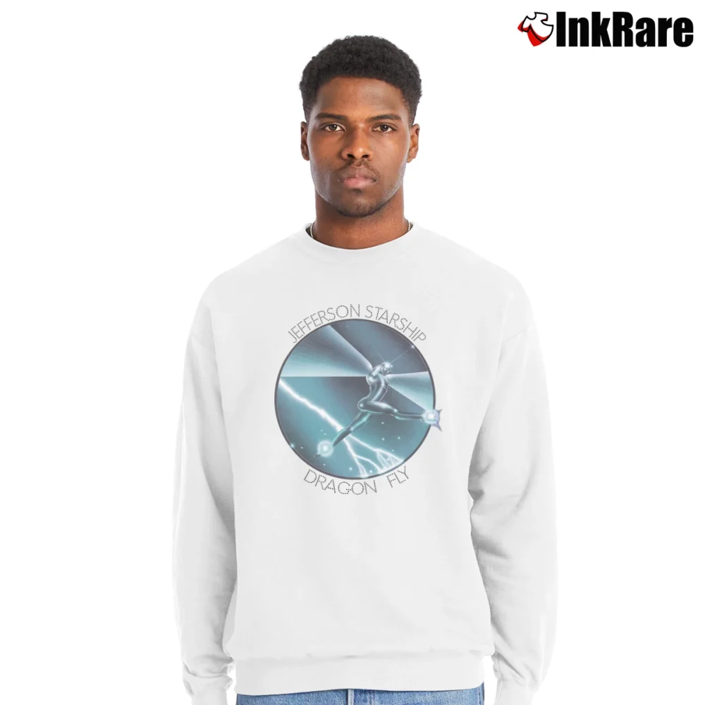 Men’s 1974 Jefferson Starship Dragon Fly Rock Band Crewneck Sweatshirt in white | Cozy Fabric, Clean Style