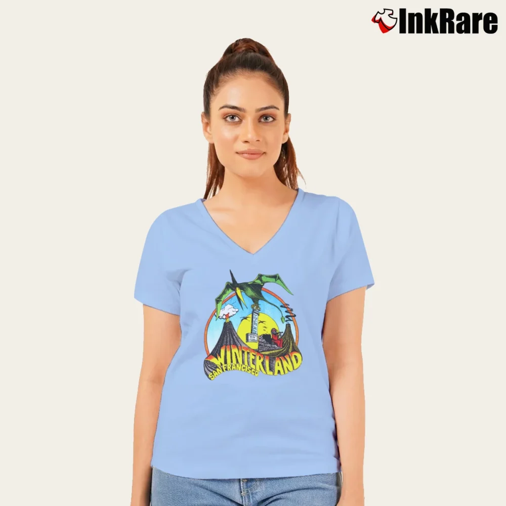Women’s 1975 Grateful Dead Winterland Concert Vintage Rock Classic V-Neck Tee in light blue | Chic Neckline, Soft Texture