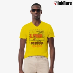Men’s 1976 Cat Stevens Vintage Music Graphic V-Neck Tee in yellow | Sharp, Breathable, Everyday Staple