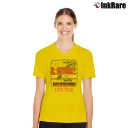 Women’s 1976 Cat Stevens Vintage Music Graphic V-Neck Tee in yellow | Chic Neckline, Soft Texture
