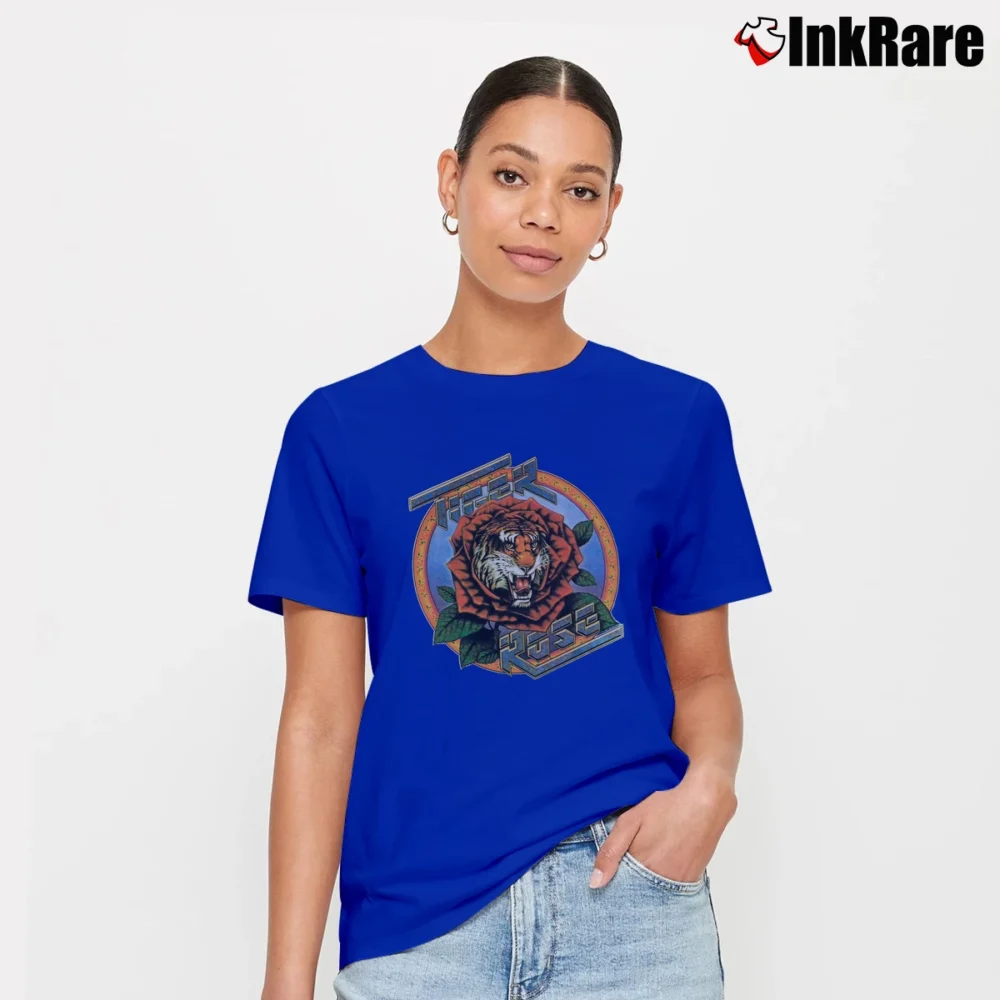 Women’s 1977 Tiger Rose Robert Hunter Rock Band Signature T-Shirt in royal blue | Soft, Flattering Fit