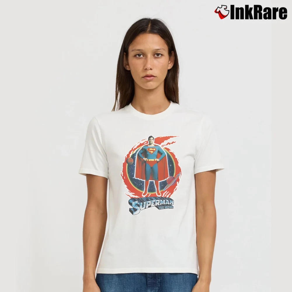 Women’s 1978 Christopher Reeve Superman Movie Promo Signature T-Shirt in white | Soft, Flattering Fit
