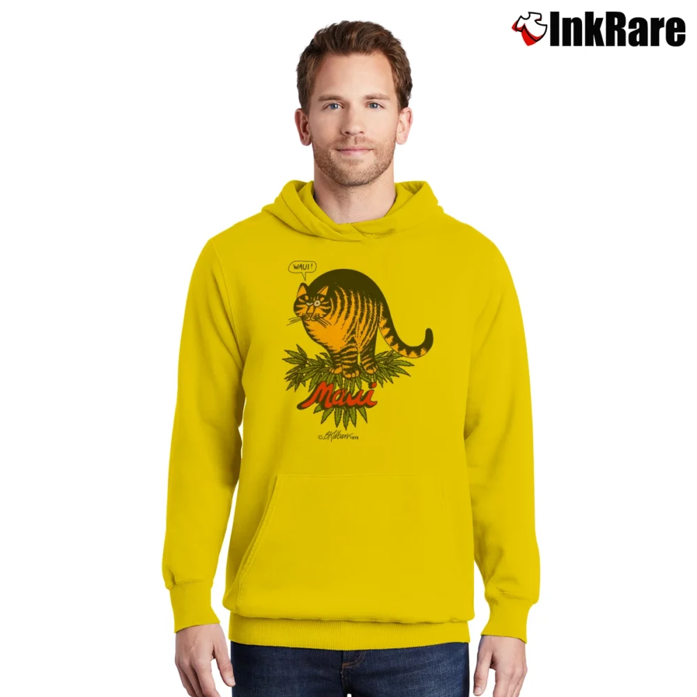 Men’s 1979 B Kliban Crazy Cat Maui Cannabis Art Pullover Hoodie in yellow | Cozy, Durable, Modern Fit