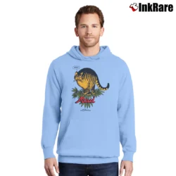 Men’s 1979 Crazy Hawaii Bernard Kilban Cat Maui Waui Pullover Hoodie in light blue | Cozy, Durable, Modern Fit