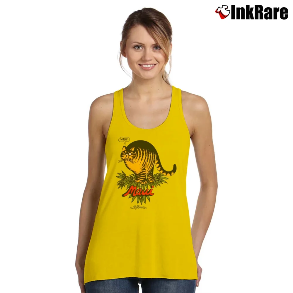 Women’s 1979 Crazy Hawaii Bernard Kilban Cat Maui Waui Tank Top in yellow | Lightweight, Movement-Friendly