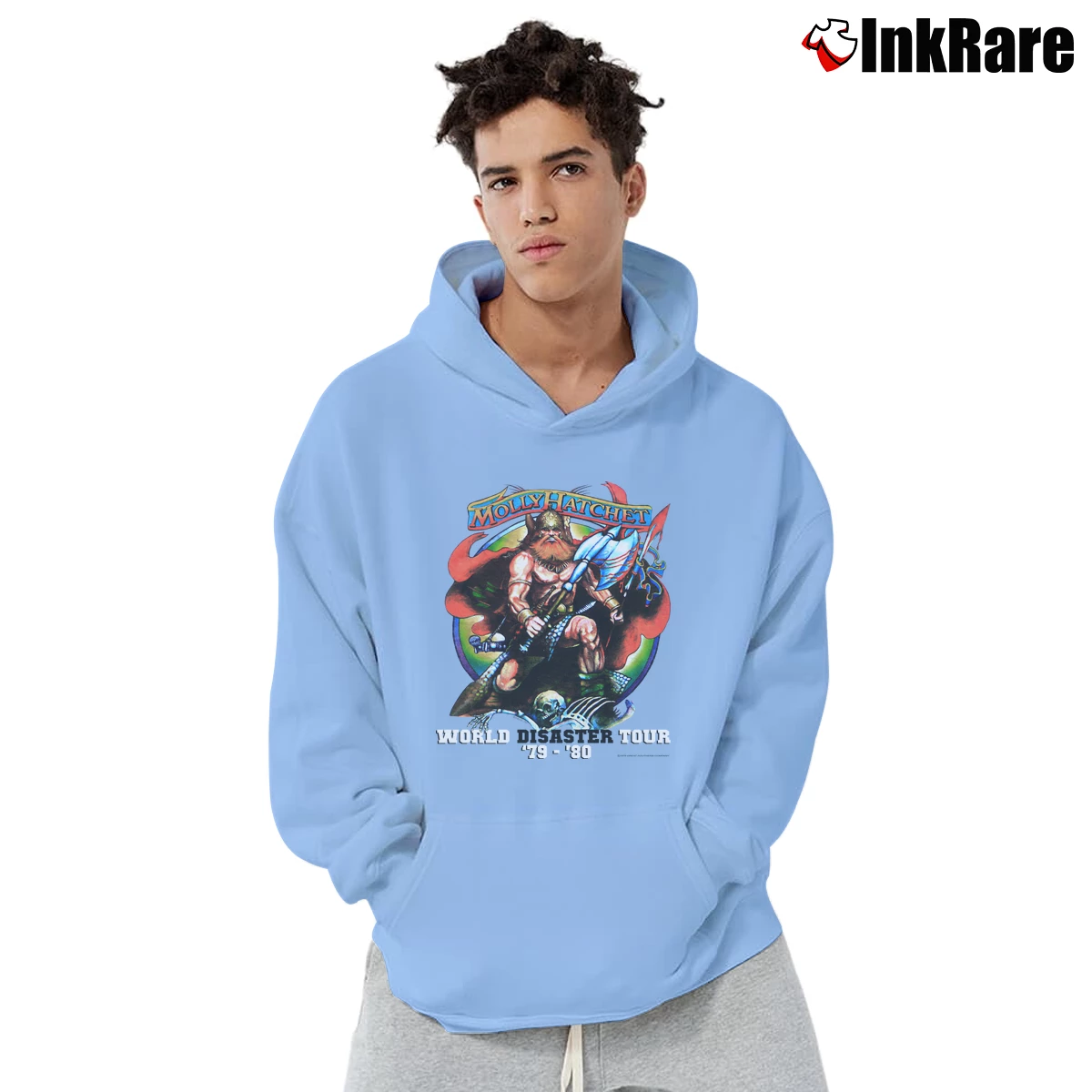 Men’s 1979 Molly Hatchet World Disaster Tour Rock Pullover Hoodie in light blue | Cozy, Durable, Modern Fit