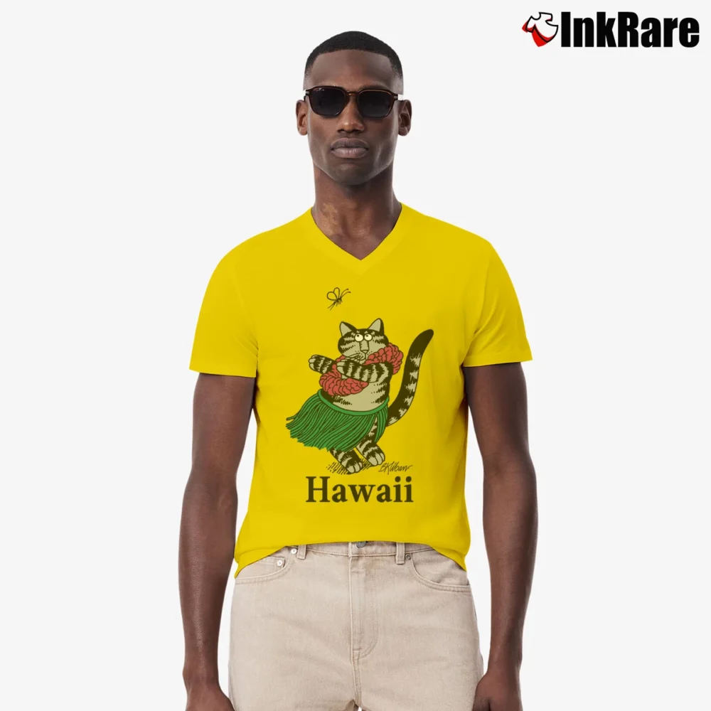 Men’s 1980 Crazy Hawaiian Hula Cat Graphic V-Neck Tee in yellow | Sharp, Breathable, Everyday Staple