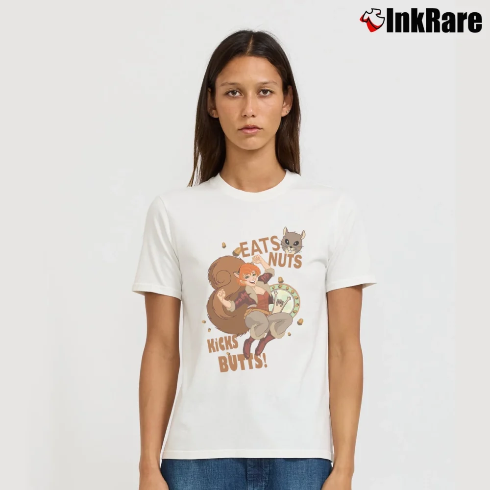 Women’s 1980 Squirrel Girl Eat Nuts Kick Butts Signature T-Shirt in white | Soft, Flattering Fit