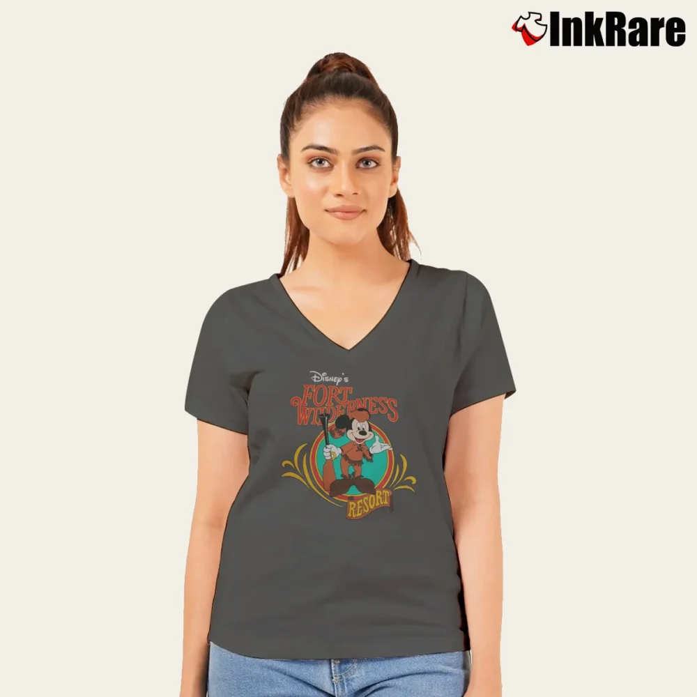 Women’s 1980s 1990s Disney Fort Wilderness Mickey Mouse Gun V-Neck Tee in charcoal | Chic Neckline, Soft Texture