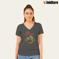 Women’s 1980s 1990s Disney Fort Wilderness Mickey Mouse Gun V-Neck Tee in charcoal | Chic Neckline, Soft Texture