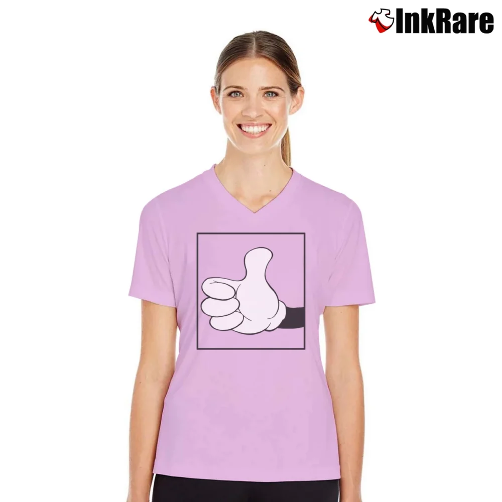 Women’s 1980s 1990s Disney Mickey Mouse Thumbs Up V-Neck Tee in light pink | Chic Neckline, Soft Texture