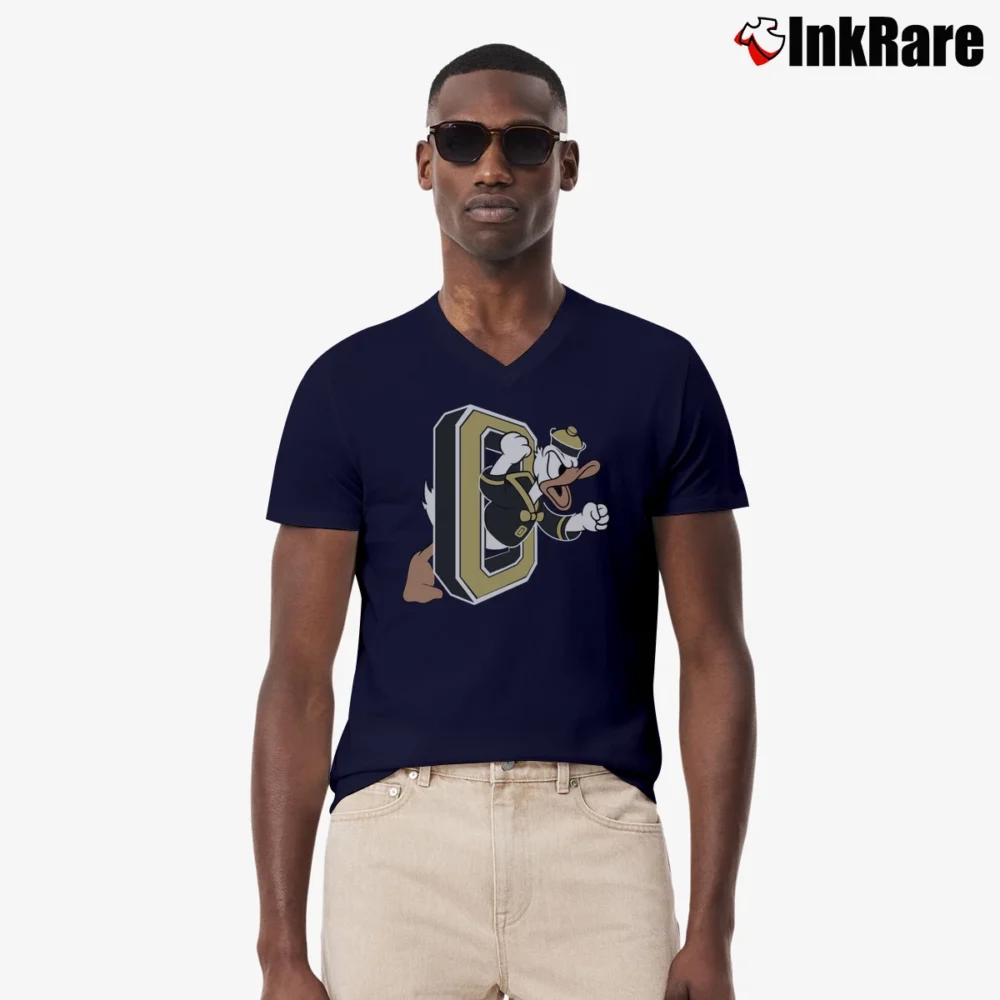 Men’s 1980s 1990s Donald Duck Logo Disney V-Neck Tee in navy | Sharp, Breathable, Everyday Staple