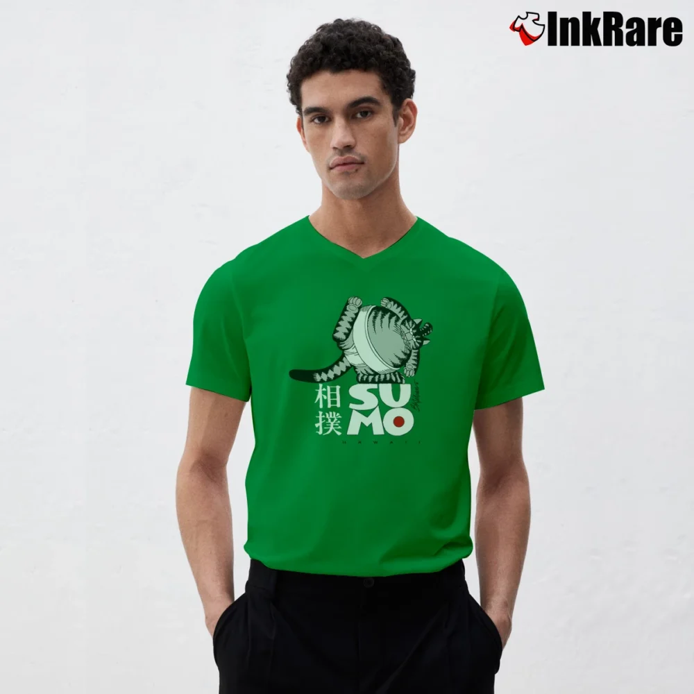 Men’s 1980s B Kliban Cat Hawaii Surf Sumo Art V-Neck Tee in irish green | Sharp, Breathable, Everyday Staple