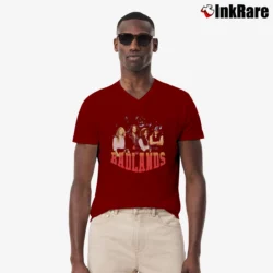 Men’s 1980s Badlands Tour Concert Band V-Neck Tee in maroon | Sharp, Breathable, Everyday Staple