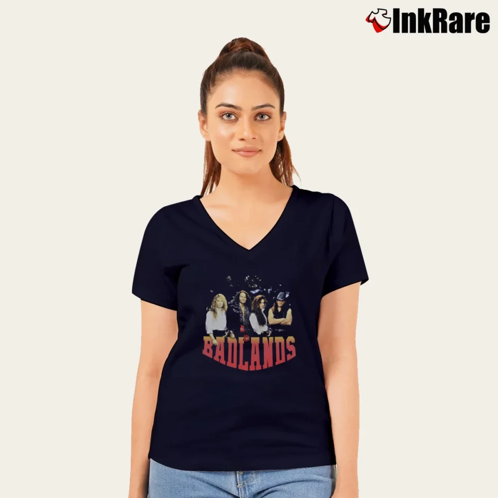 Women’s 1980s Badlands Tour Concert Band V-Neck Tee in navy | Chic Neckline, Soft Texture