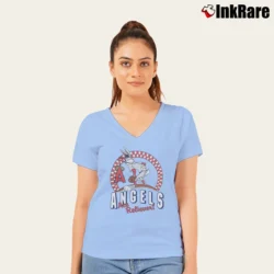 Women’s 1980s Bugs Bunny Looney Tunes California Angels MLB V-Neck Tee in light blue | Chic Neckline, Soft Texture