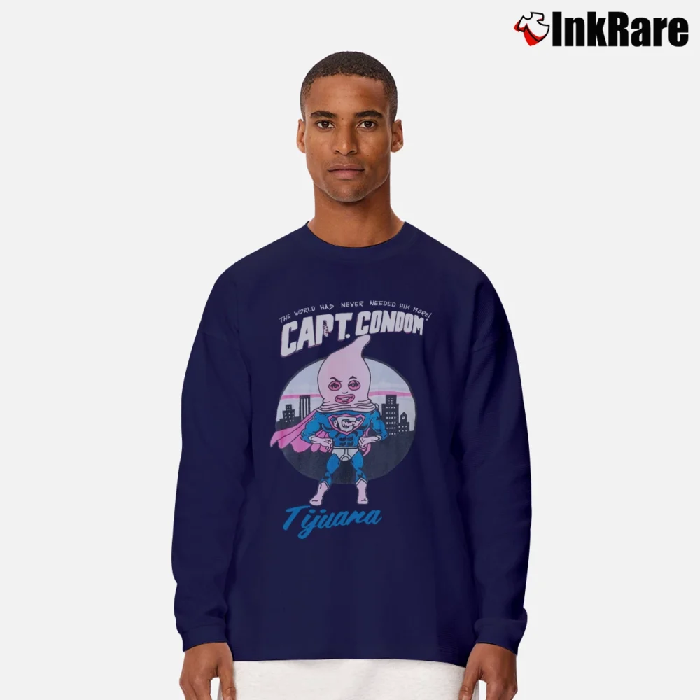 Men’s 1980s Captain Condom Funny Tijuana Mexico Long-Sleeve Shirt in navy | Sleek, Lightweight, Year-Round Wear