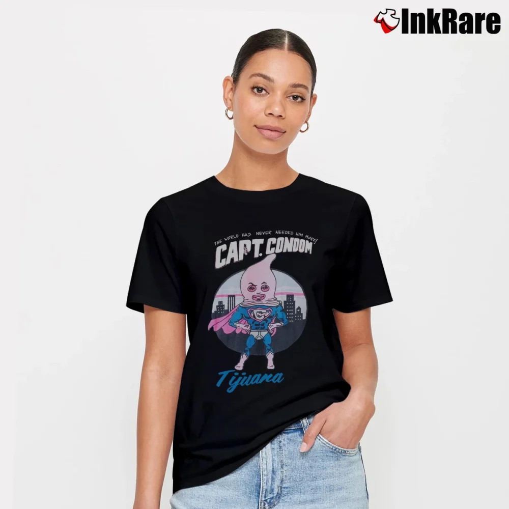 Women’s 1980s Captain Condom Funny Tijuana Mexico Signature T-Shirt in black | Soft, Flattering Fit