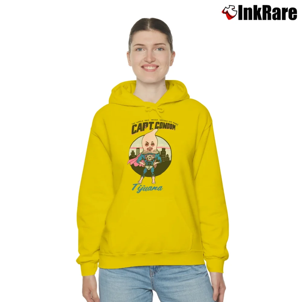 Women’s 1980s Captain Condom Tijuana Mexico Funny Cozy Hoodie in yellow | Warm, Structured, Stylish