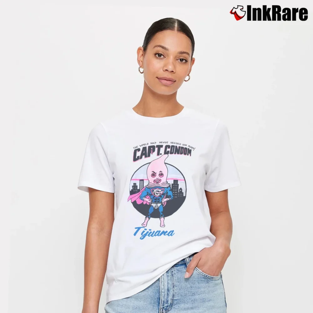 Women’s 1980s Captain Condom Tijuana Mexico Funny Signature T-Shirt in white | Soft, Flattering Fit