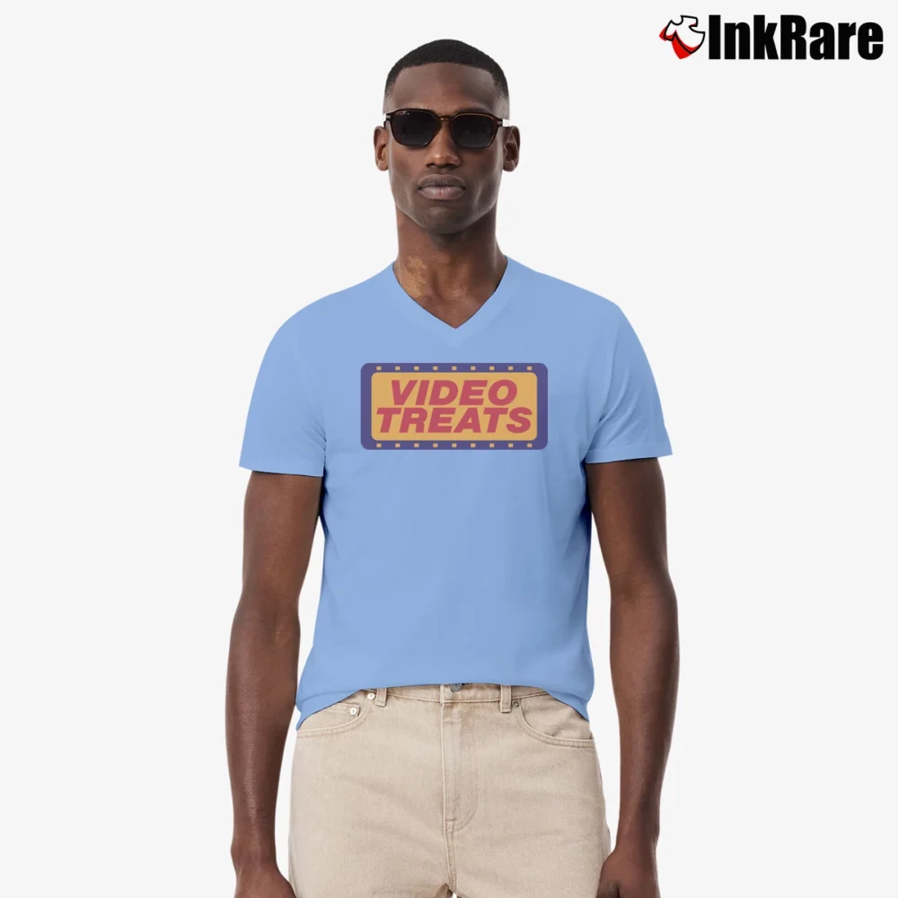 Men’s 1980s Captain Video Movie Rental Store Hyde Park New York V-Neck Tee in light blue | Sharp, Breathable, Everyday Staple