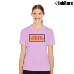 Women’s 1980s Captain Video Movie Rental Store Hyde Park New York V-Neck Tee in light pink | Chic Neckline, Soft Texture