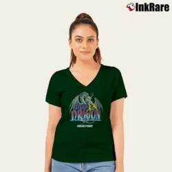 Women’s 1980s Cedar Point Iron Dragon Roller Coaster V-Neck Tee in forest green | Chic Neckline, Soft Texture
