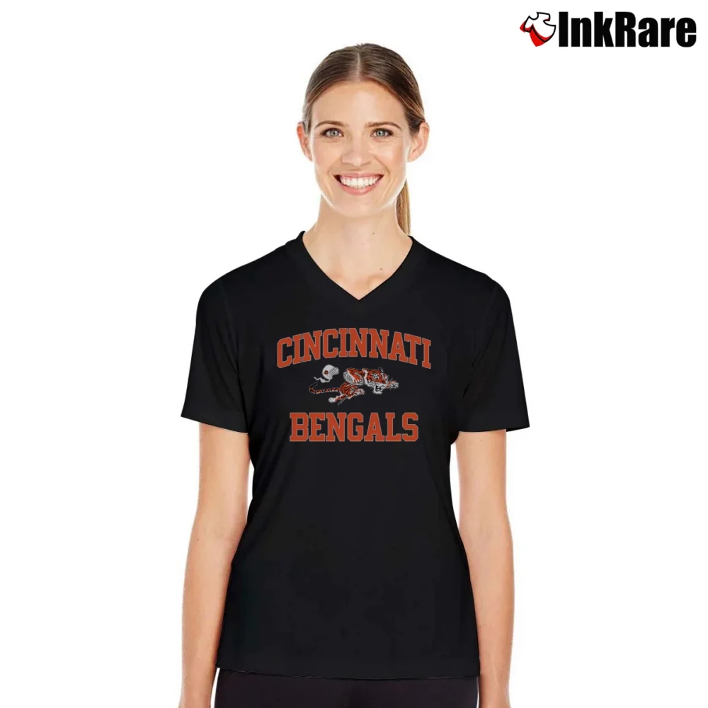 Women’s 1980s Cincinnati Bengals NFL Football V-Neck Tee in black | Chic Neckline, Soft Texture