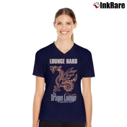 Women’s 1980s Dragon Lounge Corpus Christi Texas Souvenir V-Neck Tee in navy | Chic Neckline, Soft Texture
