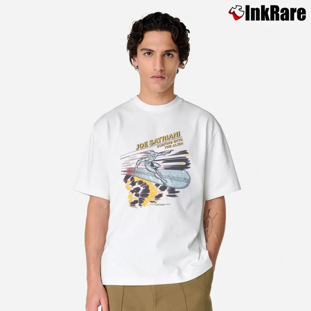 Men’s 1980s Joe Satriani Surfing Silver Surfer Marvel Classic T-Shirt in white | Soft, Breathable Everyday Wear