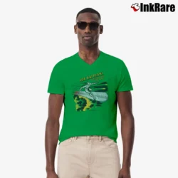 Men’s 1980s Joe Satriani Surfing Silver Surfer Marvel V-Neck Tee in irish green | Sharp, Breathable, Everyday Staple
