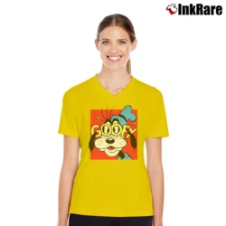 Women’s 1980s Mickey Goofy Friends Cartoon Disney V-Neck Tee in yellow | Chic Neckline, Soft Texture