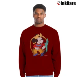 Men’s 1980s Mickey Mouse Cowboy Lasso Cactus Crewneck Sweatshirt in maroon | Cozy Fabric, Clean Style