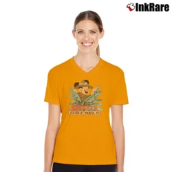 Women’s 1980s Mickey Mouse Safari Disney V-Neck Tee in orange | Chic Neckline, Soft Texture