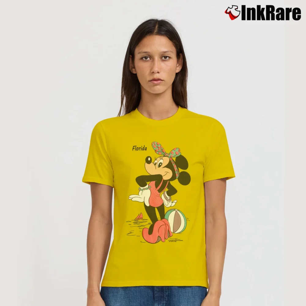 Women’s 1980s Minnie Mouse Miami Retro Signature T-Shirt in yellow | Soft, Flattering Fit