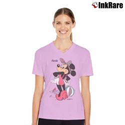 Women’s 1980s Minnie Mouse Miami Retro V-Neck Tee in light pink | Chic Neckline, Soft Texture